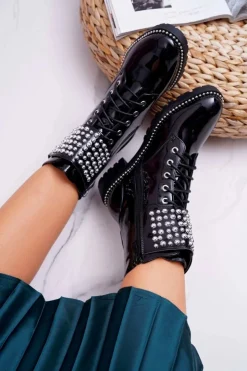 Best Boto Botki Damskie Płaski Obcas Militarne Lakierowane Czarne Bemmer