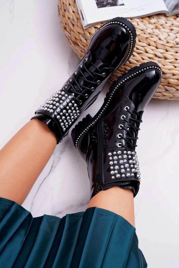 Best Boto Botki Damskie Płaski Obcas Militarne Lakierowane Czarne Bemmer