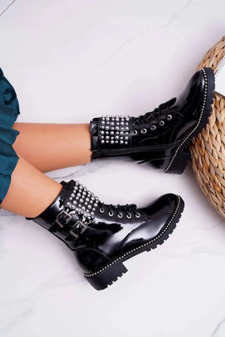 Best Boto Botki Damskie Płaski Obcas Militarne Lakierowane Czarne Bemmer