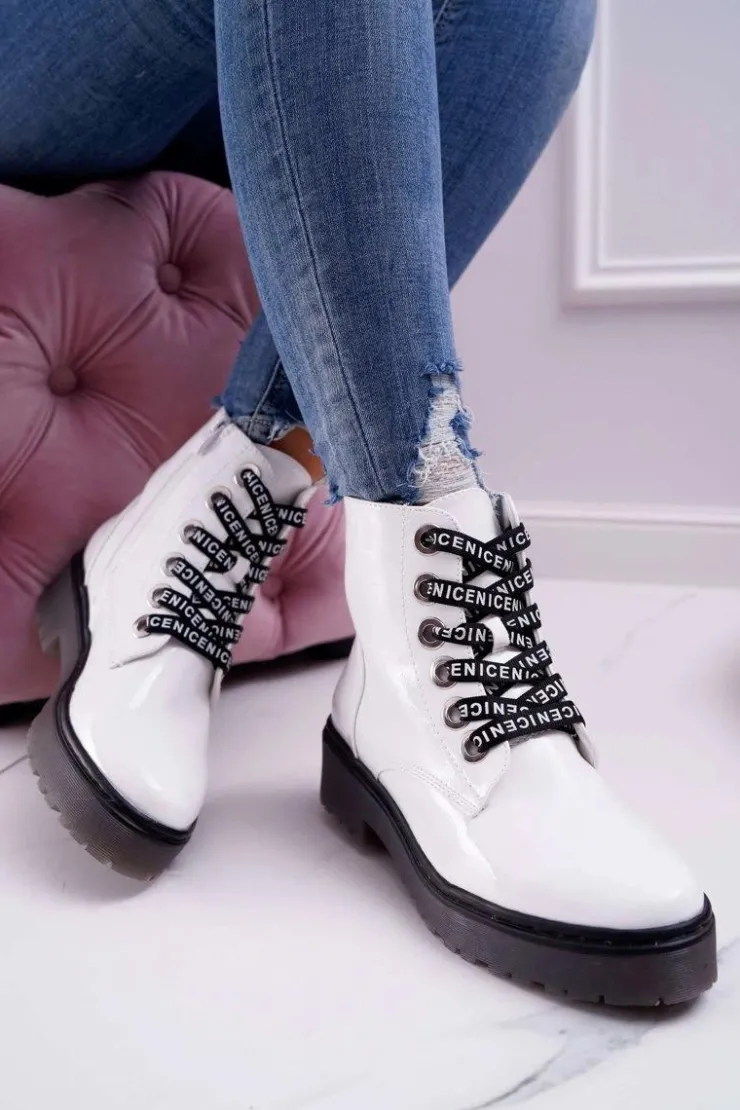 Sale Buty Sergio Leone Botki Damskie Płaski Obcas Glany Lakierowane Białe Sergio Leone TR726