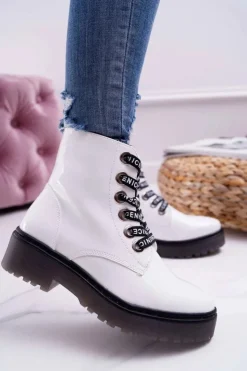 Sale Buty Sergio Leone Botki Damskie Płaski Obcas Glany Lakierowane Białe Sergio Leone TR726