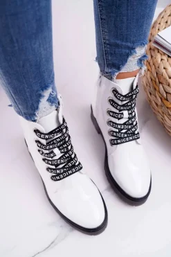 Sale Buty Sergio Leone Botki Damskie Płaski Obcas Glany Lakierowane Białe Sergio Leone TR726