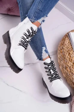 Sale Buty Sergio Leone Botki Damskie Płaski Obcas Glany Lakierowane Białe Sergio Leone TR726