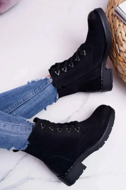 Buty Sergio Leone Botki Sznurowane|Botki Zimowe Damskie*Botki Damskie Płaski Obcas Nubuk Czarne Sergio Leone TR718