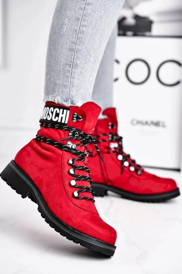 Clearance Evento Botki Damskie Płaski Obcas Na Suwak Czerwone Popsi