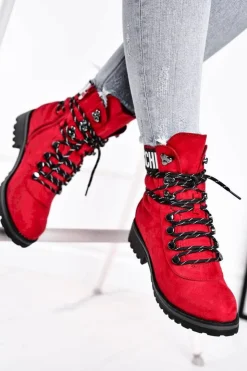 Clearance Evento Botki Damskie Płaski Obcas Na Suwak Czerwone Popsi