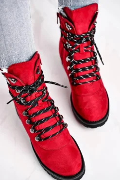 Clearance Evento Botki Damskie Płaski Obcas Na Suwak Czerwone Popsi