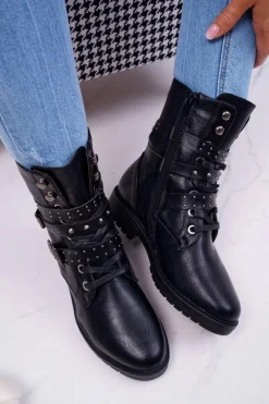 Damskie Boto Botki Damskie Płaski Obcas Wysokie Czarne Emenbar