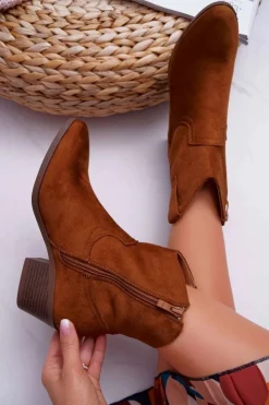 Boto Botki Zimowe Damskie|Brązowe I Beżowe Botki*Botki Damskie Płaski Obcas Kowbojki Camel Telifa