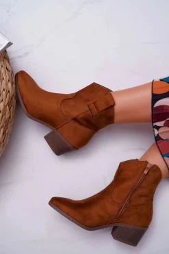 Boto Botki Zimowe Damskie|Brązowe I Beżowe Botki*Botki Damskie Płaski Obcas Kowbojki Camel Telifa