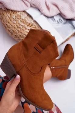 Boto Botki Zimowe Damskie|Brązowe I Beżowe Botki*Botki Damskie Płaski Obcas Kowbojki Camel Telifa