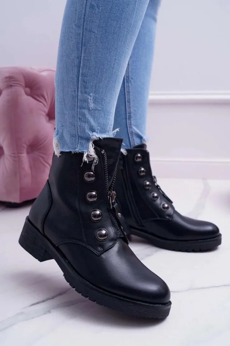 Boto Botki Płaskie|Czarne Botki*Botki Damskie Płaski Obcas Wysokie Czarne Yulio