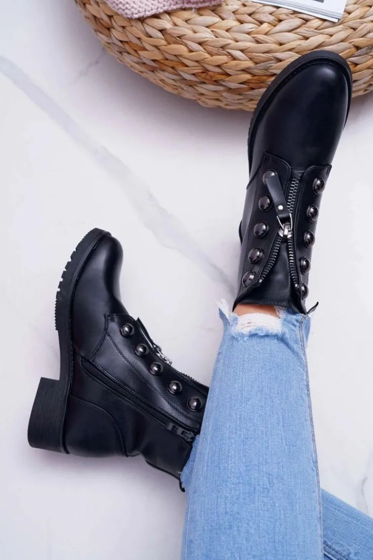 Boto Botki Płaskie|Czarne Botki*Botki Damskie Płaski Obcas Wysokie Czarne Yulio