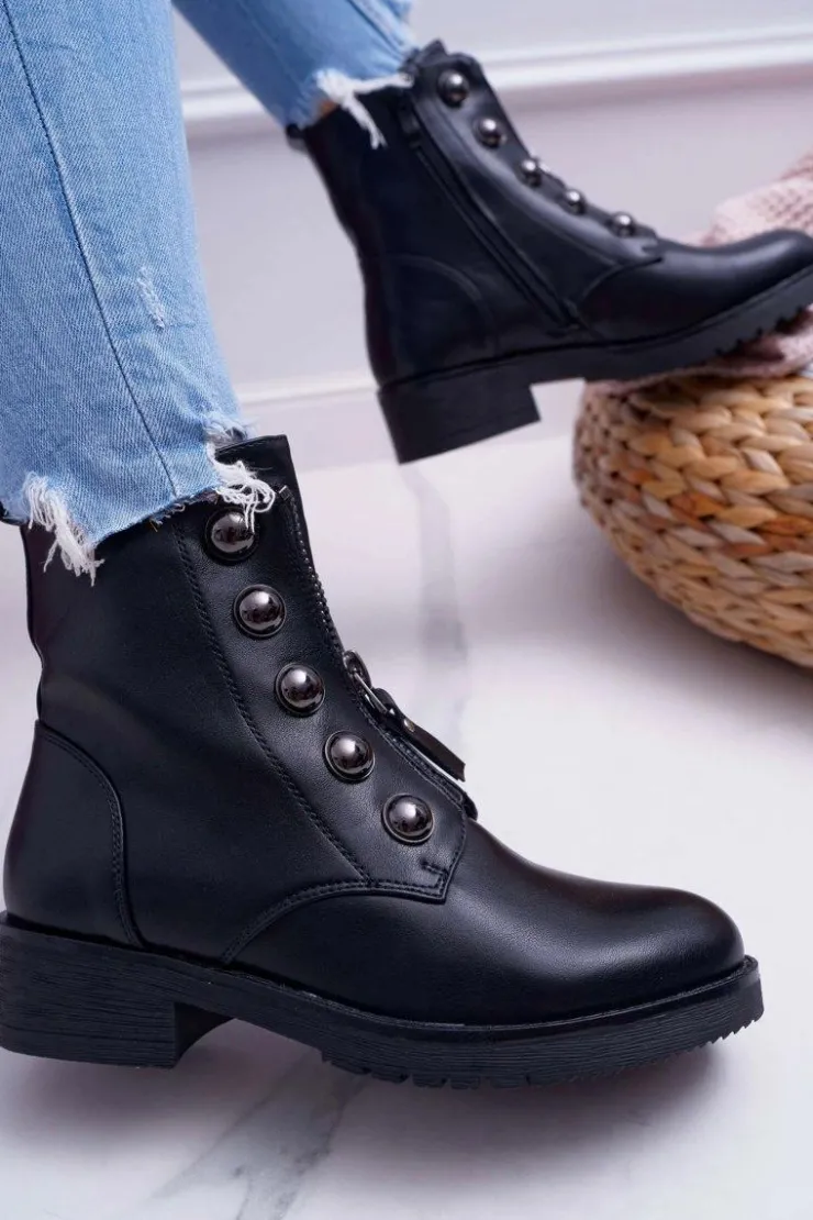 Boto Botki Płaskie|Czarne Botki*Botki Damskie Płaski Obcas Wysokie Czarne Yulio