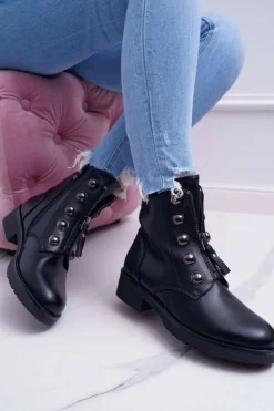 Boto Botki Płaskie|Czarne Botki*Botki Damskie Płaski Obcas Wysokie Czarne Yulio