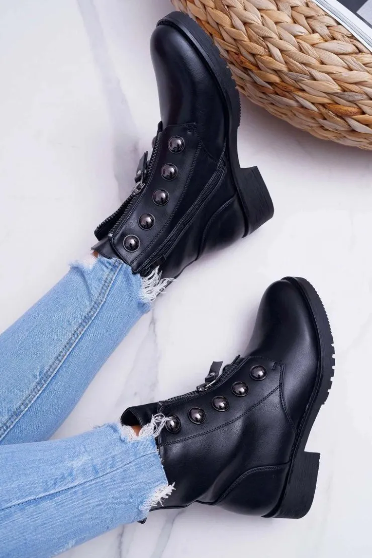 Boto Botki Płaskie|Czarne Botki*Botki Damskie Płaski Obcas Wysokie Czarne Yulio