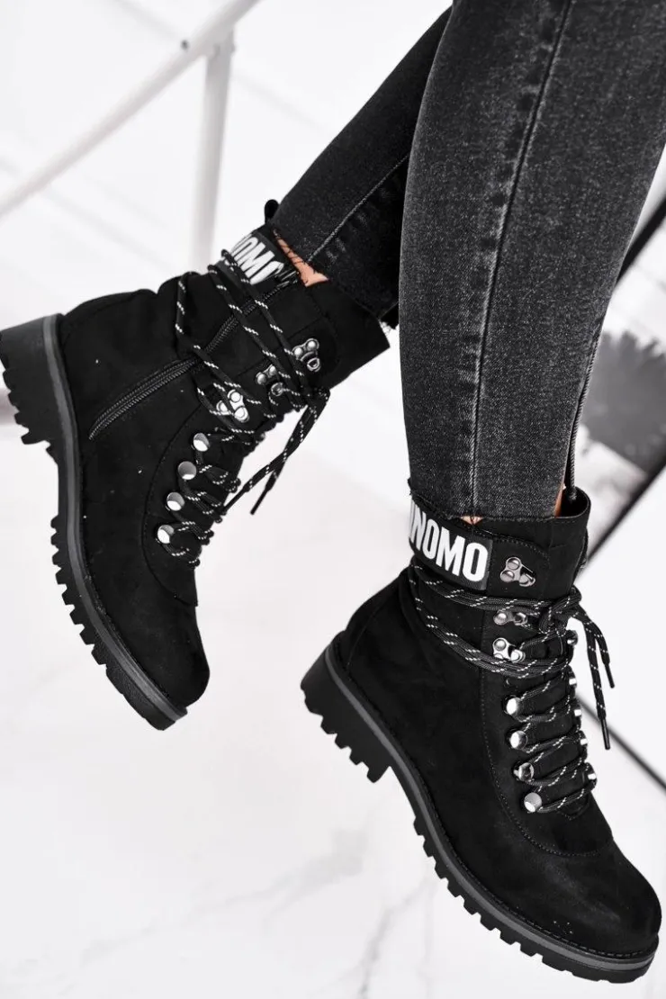 Evento Botki Zimowe Damskie|Botki Zamszowe*Botki Damskie Płaski Obcas Na Suwak Czarne Popsi