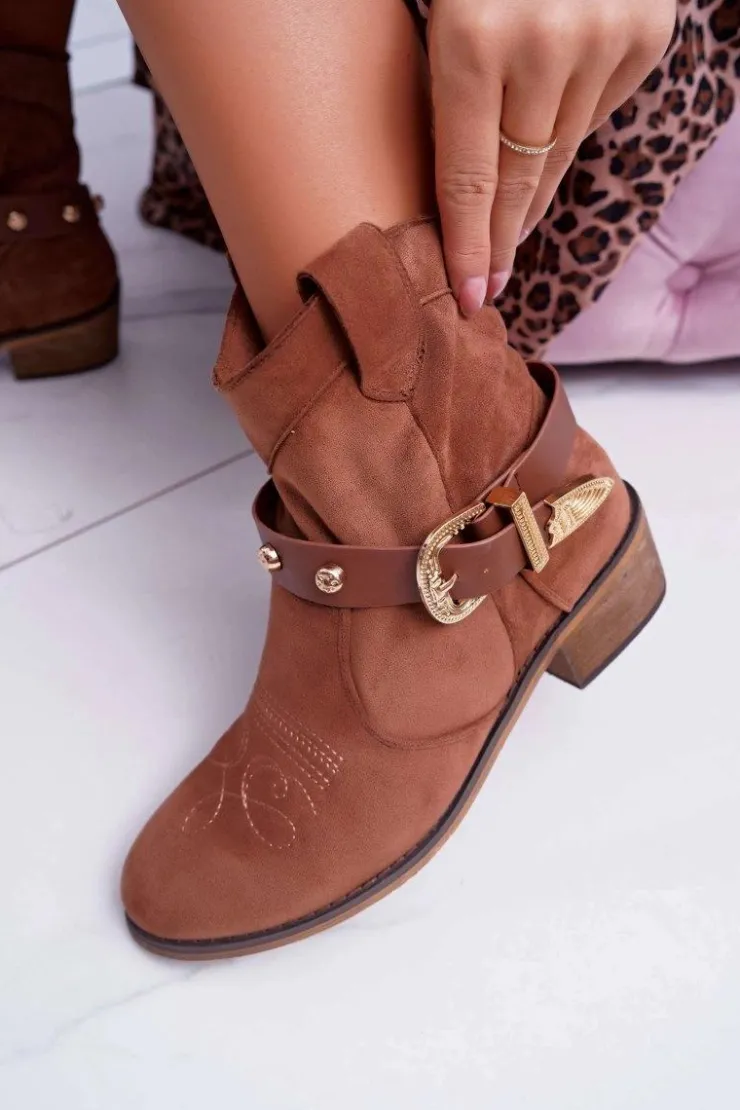 Boto Brązowe I Beżowe Botki|Botki Zamszowe*Botki Damskie Płaski Obcas Kowbojki z Klamrą Camel Ewella