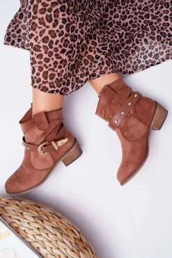 Boto Brązowe I Beżowe Botki|Botki Zamszowe*Botki Damskie Płaski Obcas Kowbojki z Klamrą Camel Ewella