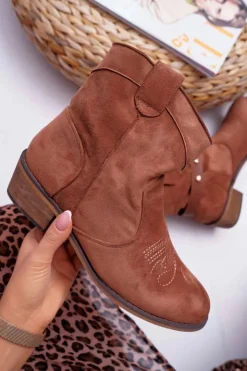 Boto Brązowe I Beżowe Botki|Botki Zamszowe*Botki Damskie Płaski Obcas Kowbojki z Klamrą Camel Ewella