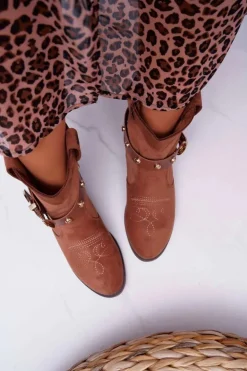 Boto Brązowe I Beżowe Botki|Botki Zamszowe*Botki Damskie Płaski Obcas Kowbojki z Klamrą Camel Ewella