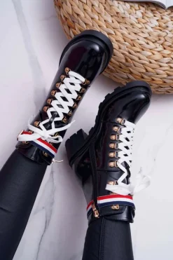 Boto Botki Sznurowane|Botki Zimowe Damskie*Botki Damskie Płaski Obcas Wysokie Glany Czarne Hippe