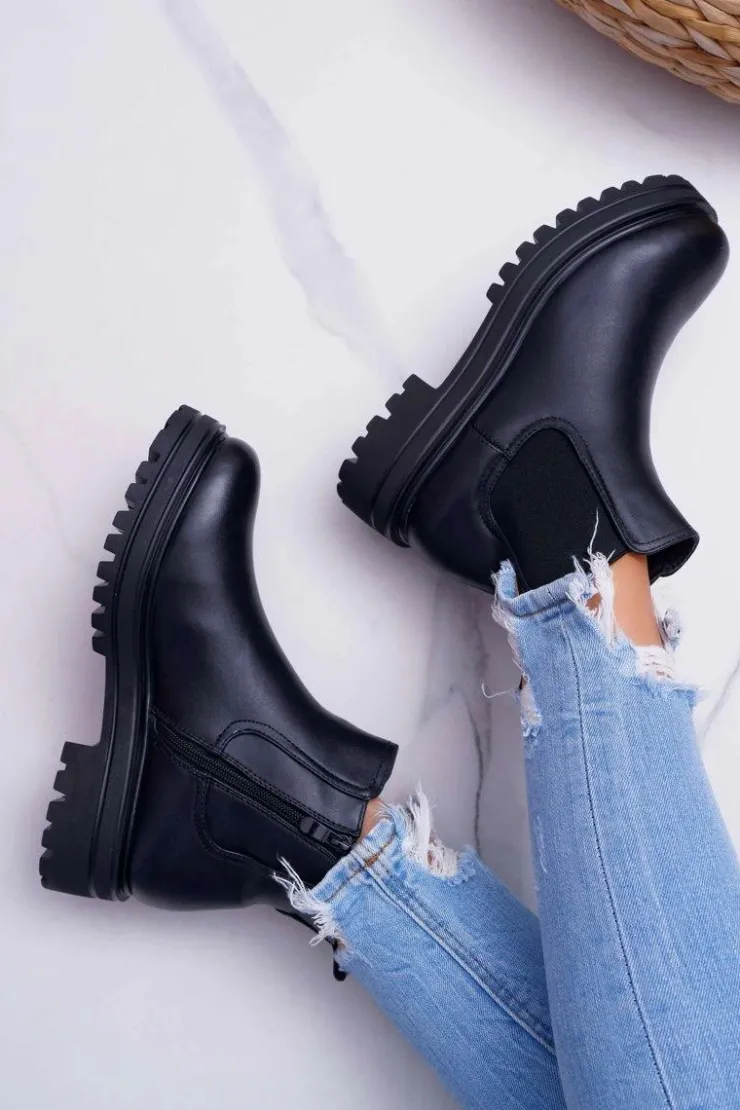 Clearance Boto Botki Damskie Płaski Obcas Ciepłe Czarne Orion