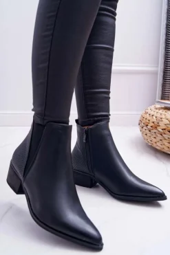 Damskie Boto Botki Damskie Płaski Obcas W Szpic Suwak Czarne Derme