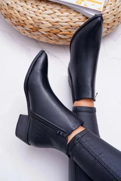 Damskie Boto Botki Damskie Płaski Obcas W Szpic Suwak Czarne Derme