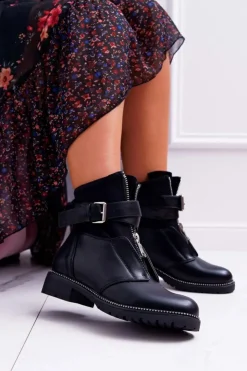 Damskie Boto Botki Damskie Płaski Obcas Militarne Czarne Travist