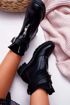 Damskie Boto Botki Damskie Płaski Obcas Militarne Czarne Travist