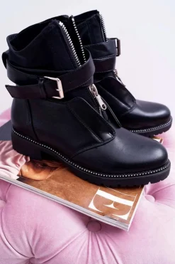 Damskie Boto Botki Damskie Płaski Obcas Militarne Czarne Travist