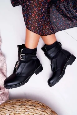 Damskie Boto Botki Damskie Płaski Obcas Militarne Czarne Travist