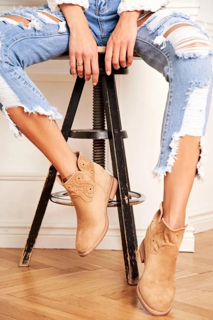 Damskie Boto Botki Damskie Płaski Obcas Zamszowe Ażurowe Beżowe Raffe