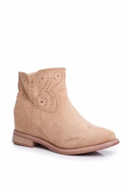 Damskie Boto Botki Damskie Płaski Obcas Zamszowe Ażurowe Beżowe Raffe