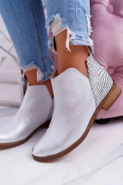 Damskie Boto Botki Damskie Płaski Obcas Wiosenne Skórzane Srebrne Madness