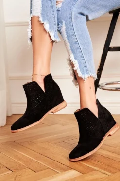 Damskie Boto Botki Damskie Płaski Obcas Zamszowe Ażurowe Czarne Shades
