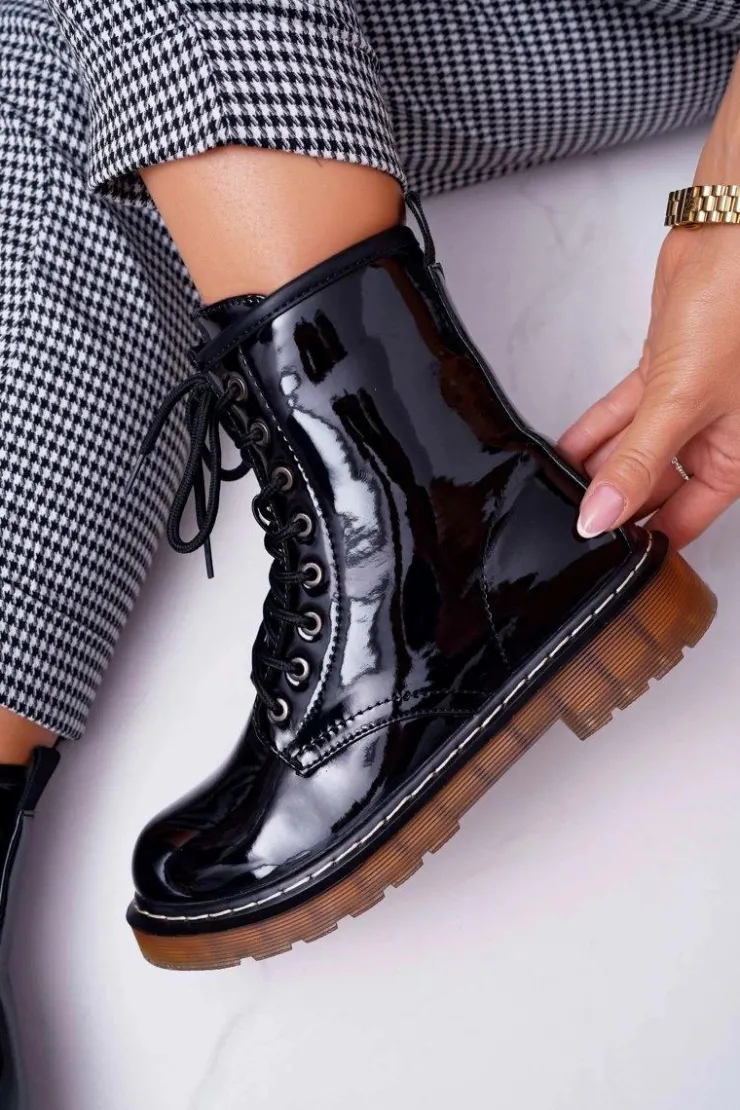 Boto Botki Sznurowane|Botki Zimowe Damskie*Botki Damskie Płaski Obcas Wysokie Glany Lakierowane Czarne Martenis