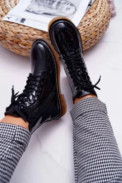 Boto Botki Sznurowane|Botki Zimowe Damskie*Botki Damskie Płaski Obcas Wysokie Glany Lakierowane Czarne Martenis