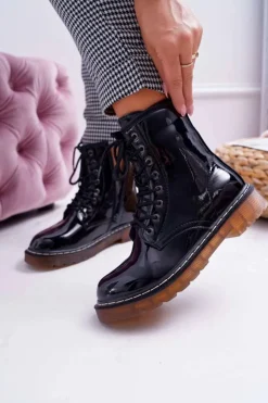 Boto Botki Sznurowane|Botki Zimowe Damskie*Botki Damskie Płaski Obcas Wysokie Glany Lakierowane Czarne Martenis