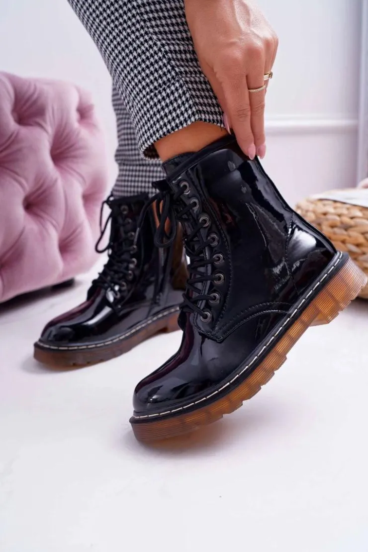 Boto Botki Sznurowane|Botki Zimowe Damskie*Botki Damskie Płaski Obcas Wysokie Glany Lakierowane Czarne Martenis