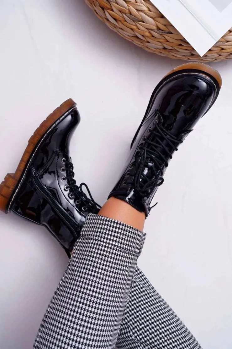 Boto Botki Sznurowane|Botki Zimowe Damskie*Botki Damskie Płaski Obcas Wysokie Glany Lakierowane Czarne Martenis