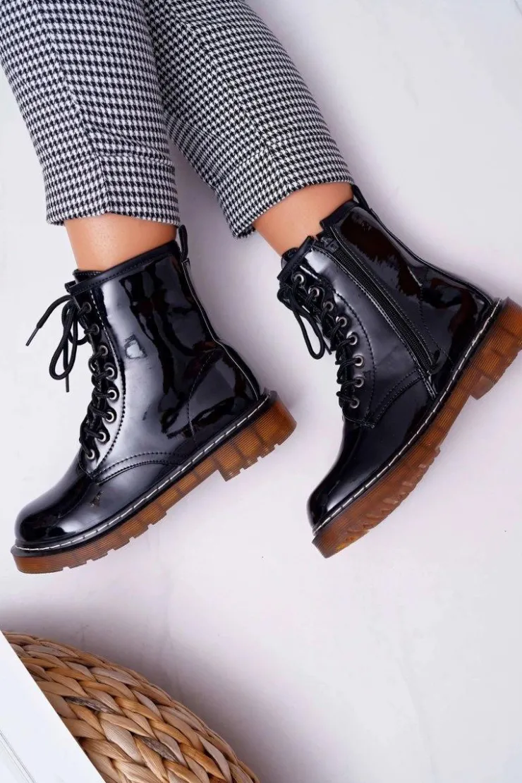 Boto Botki Sznurowane|Botki Zimowe Damskie*Botki Damskie Płaski Obcas Wysokie Glany Lakierowane Czarne Martenis