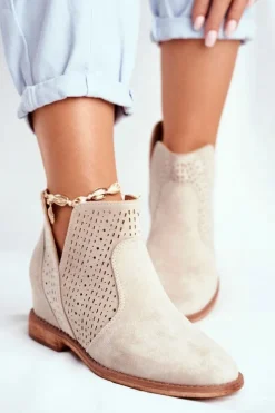 Best Boto Botki Damskie Płaski Obcas Zamszowe Ażurowe Cappuccino Shades