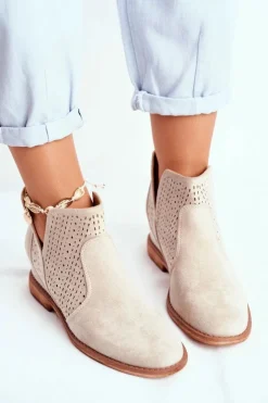 Best Boto Botki Damskie Płaski Obcas Zamszowe Ażurowe Cappuccino Shades