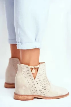 Best Boto Botki Damskie Płaski Obcas Zamszowe Ażurowe Cappuccino Shades