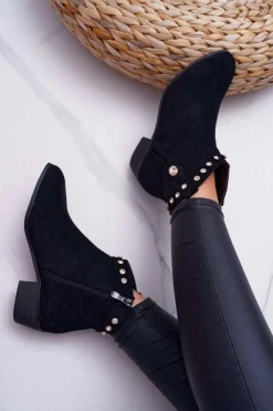 New Boto Botki Damskie Płaski Obcas Kowbojki Z Cyrkoniami Czarne Patti