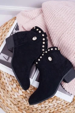 New Boto Botki Damskie Płaski Obcas Kowbojki Z Cyrkoniami Czarne Patti