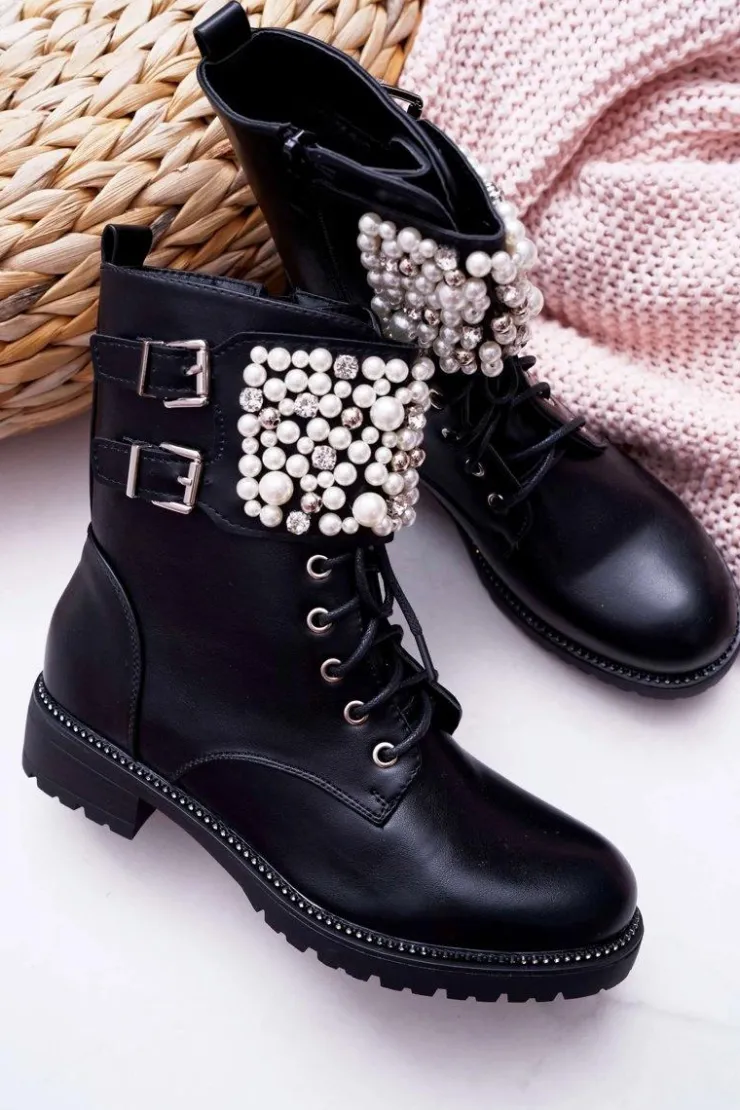 Online Boto Botki Damskie Płaski Obcas Militarne Czarne Bemmer