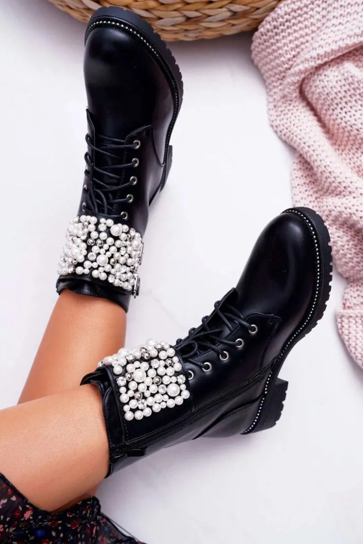 Online Boto Botki Damskie Płaski Obcas Militarne Czarne Bemmer